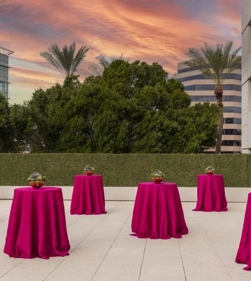 Outdoor space at sunset at the Camby with 6 round standing tables covered in pink table cloths