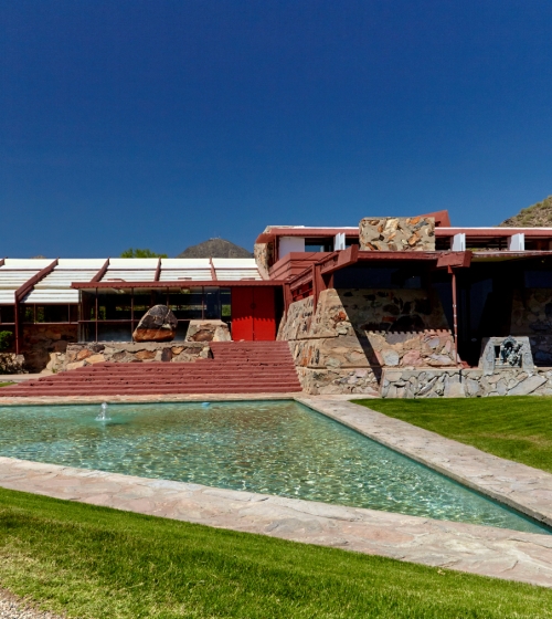 A building with. triangle pool at Taliesin West Tours in Phoenix