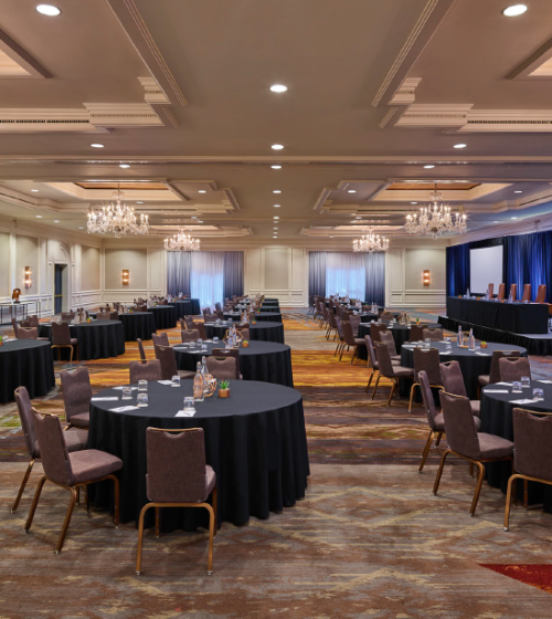 Camby ballroom with tables setup for a function