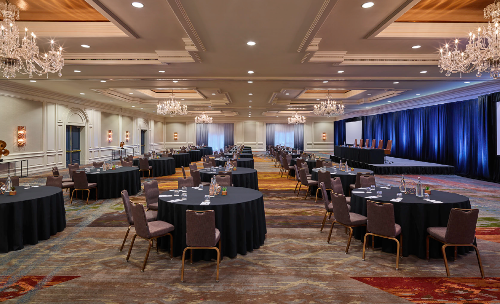 Camby ballroom with tables setup for a function