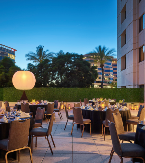 The Grove patio at sunset at the Camby