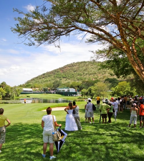 A bunch of people looking at a golf green and water